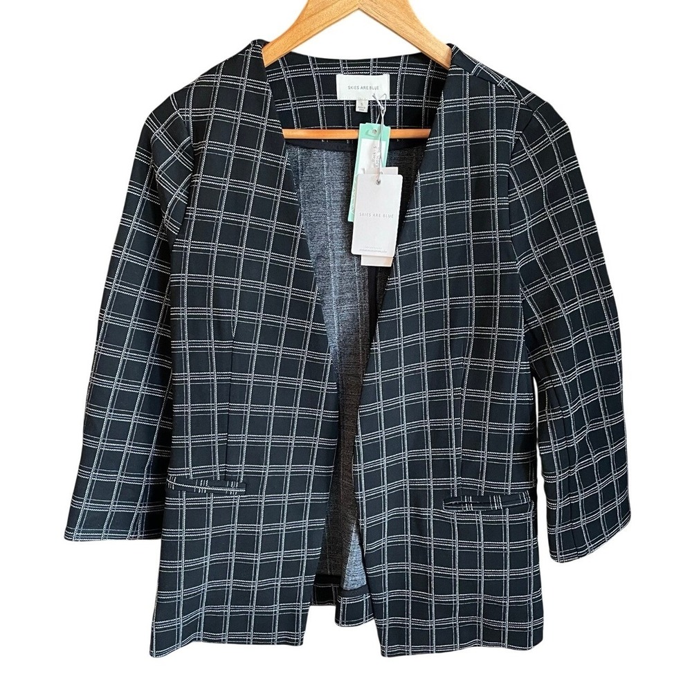 NEW Skies are Blue Size Small Milena Collarless‎ Blazer Black Plaid Career City